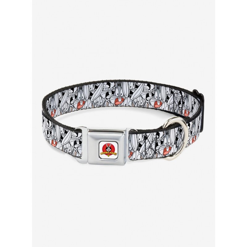 Cheap Sale Looney Tunes Bugs Bunny Stacked White Black Gray Seatbelt Buckle Dog Collar $12.45 Pet Collars